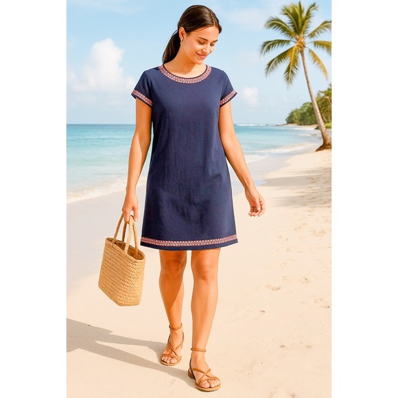 Boden Womens Navy Cotton Sena Shift Dress Embroidered Trim Cap Sleeve Size 8 - Picture 1 of 8